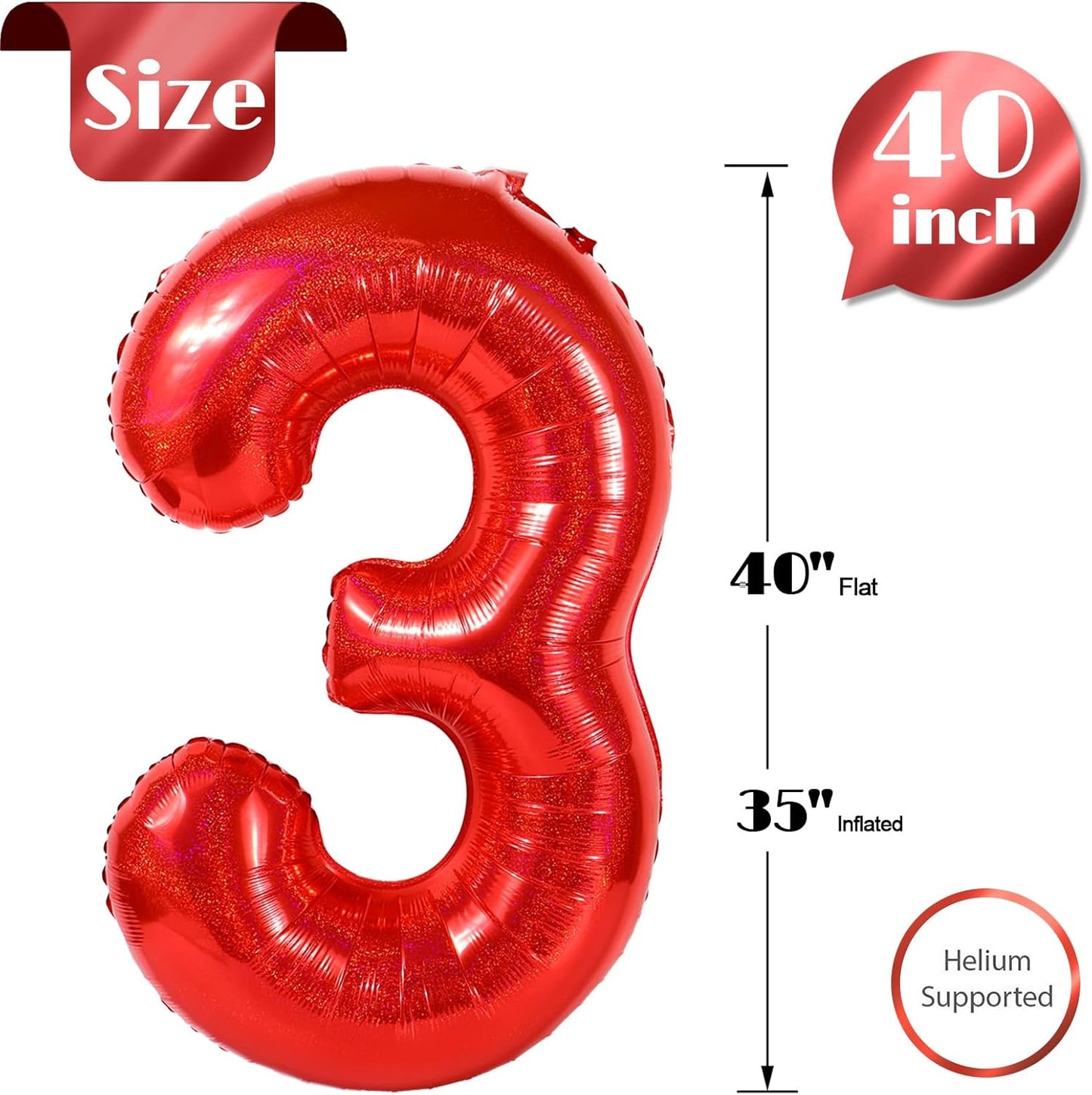 Laser Red Number 3 Balloon - 40 Inch Birthday Decoration for Kids & Women’s Parties