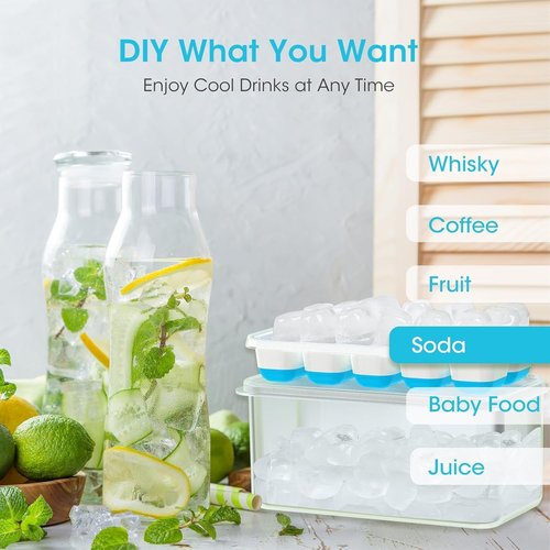 DOQAUS Ice Cube Tray - Stackable Silicone Trays with Lid & Bin for Freezer | 4 Pack with Scoop