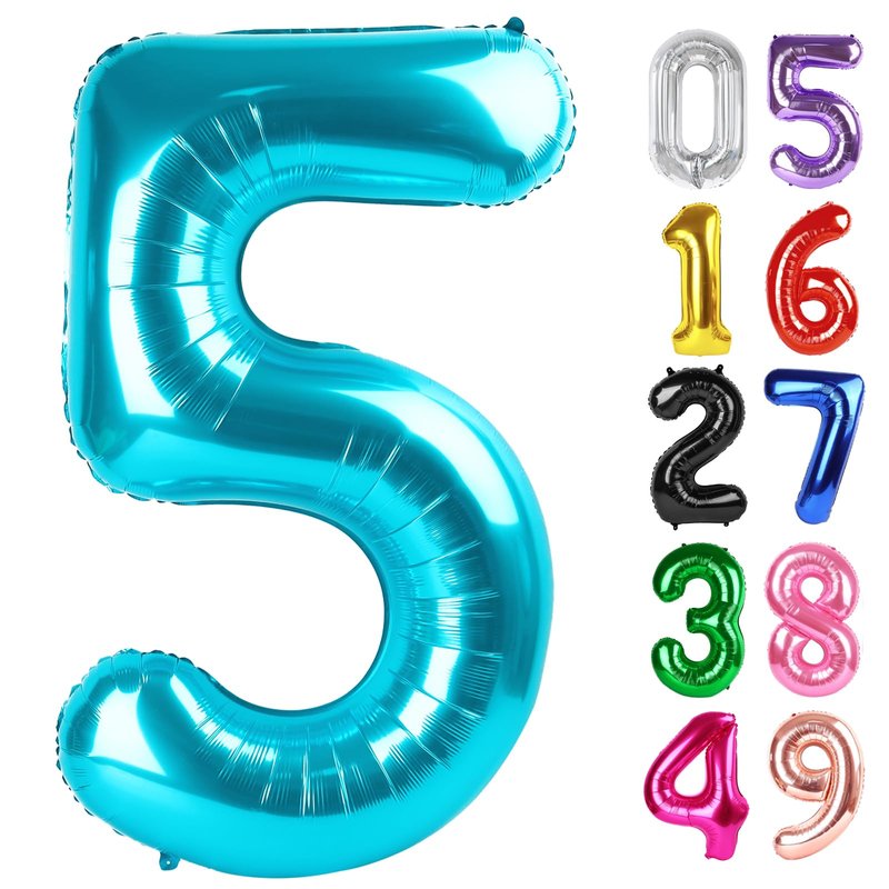 Light Blue Number 5 Balloon 40 Inch, 5th Birthday Party Decorations for Children, Giant 5 Foil Balloon for Party Supplies