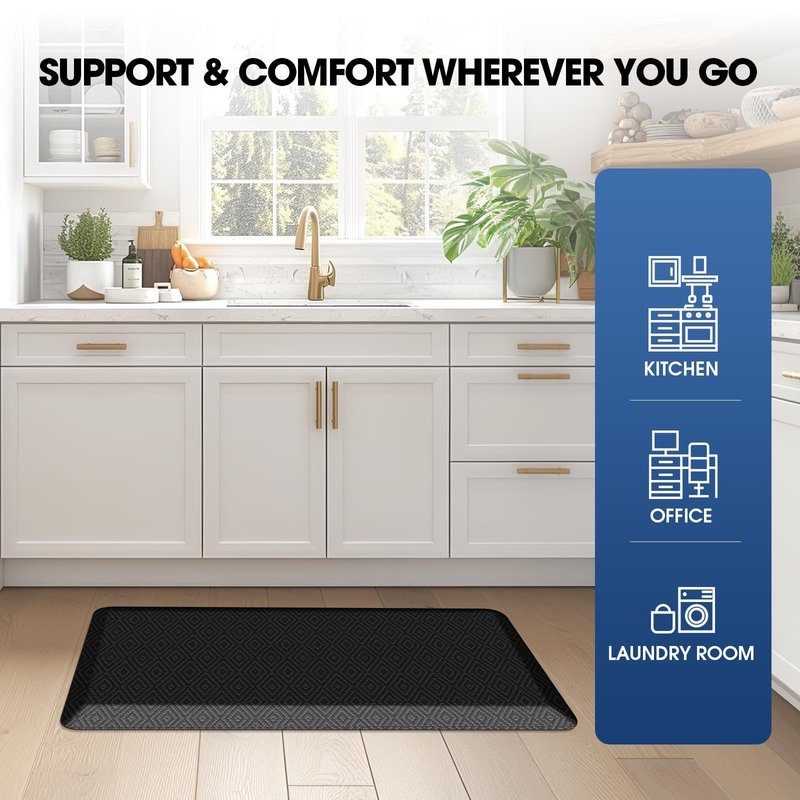Mattitude Kitchen Mat Cushioned Anti-Fatigue Floor Mat Water Resistant Non-Slip Mats and Rugs Standing and Comfort Desk Mats for House Sink Office Laundry (Black, 17.3"x28")