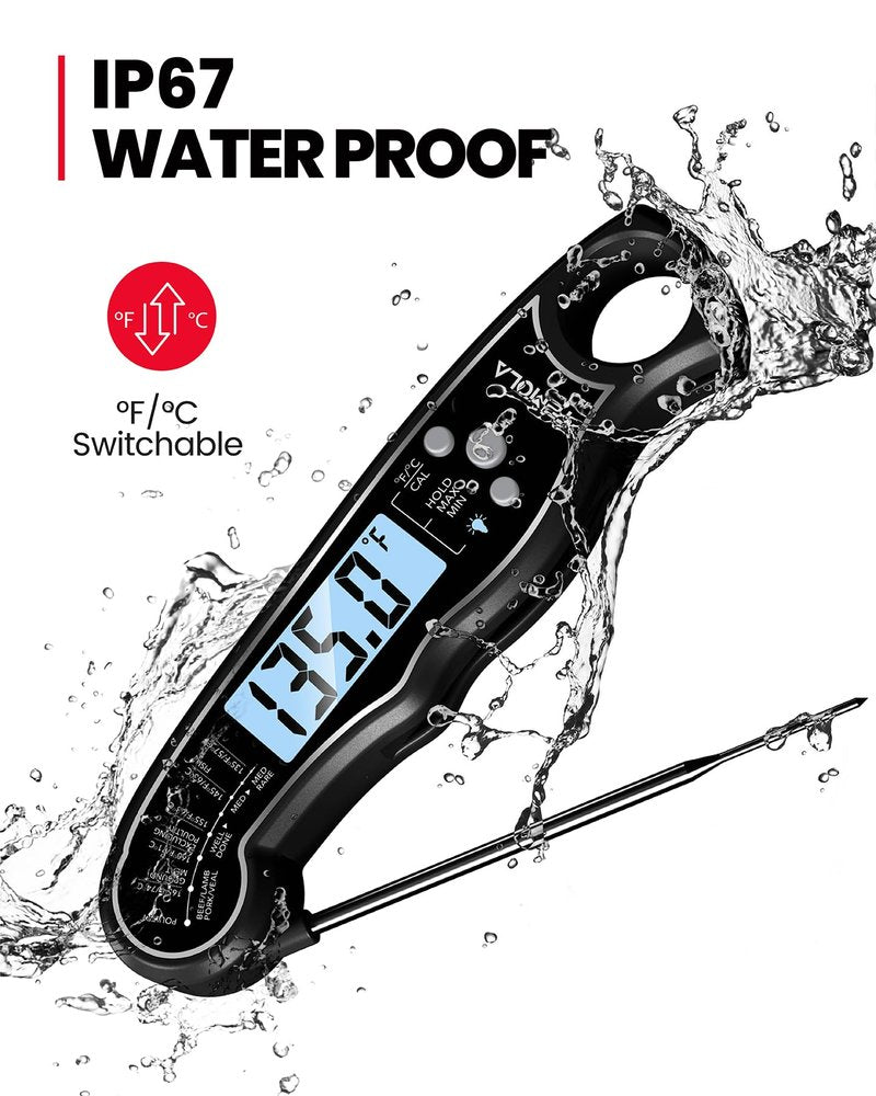 TEMOLA Meat Thermometer, Instant Read Food Thermometer with LCD Backlight Calibration, Waterproof Ultra Fast Digital Cooking Thermometer for Candy Deep Fry Liquids Beef Kitchen Baking Smoker Grill BBQ