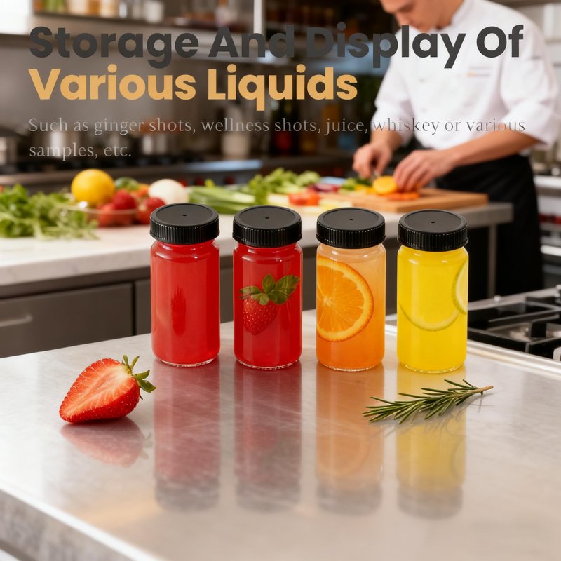 12 Pack 2 oz Glass Shot Mini Bottles with Black Lids - Reusable Leakage-Proof Small Clear Jar for Ginger, Wellness Shot, Juice, Sample, Whiskey, Essentials - Wide Mouth Containers, Dishwasher Safe