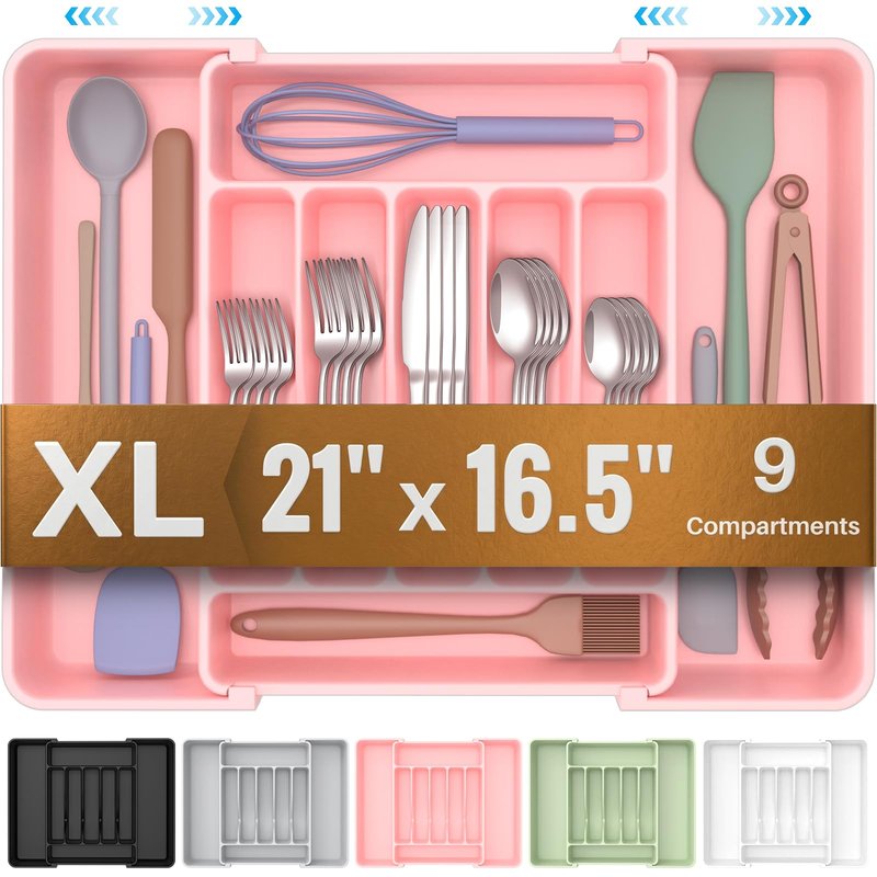 ukeetap Extra Large Expandable Silverware Organizer, BPA-Free Food-Safe Cutlery Flatware Organizer, Kitchen Utensil Drawer Organizer, Adjustable Silverware Holder for Spoons Forks Knives, Pink