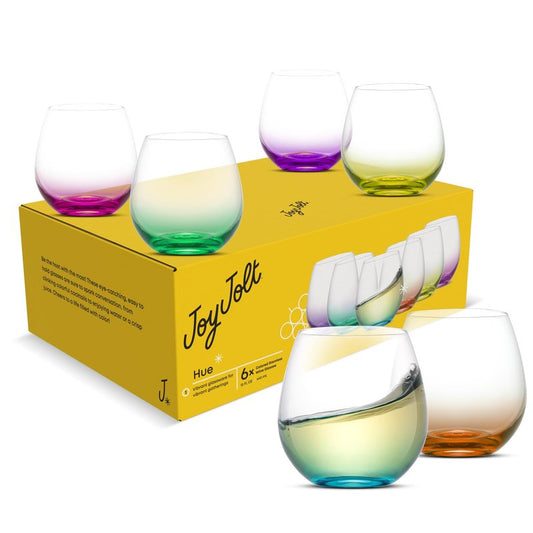 JoyJolt Hue Stemless Wine Glass Set, Large 15 oz Stemless Wine Glasses Set of 6 for White Red or Water, Short Glass Tumblers, No Stem Margarita Glasses, Colored Tumbler