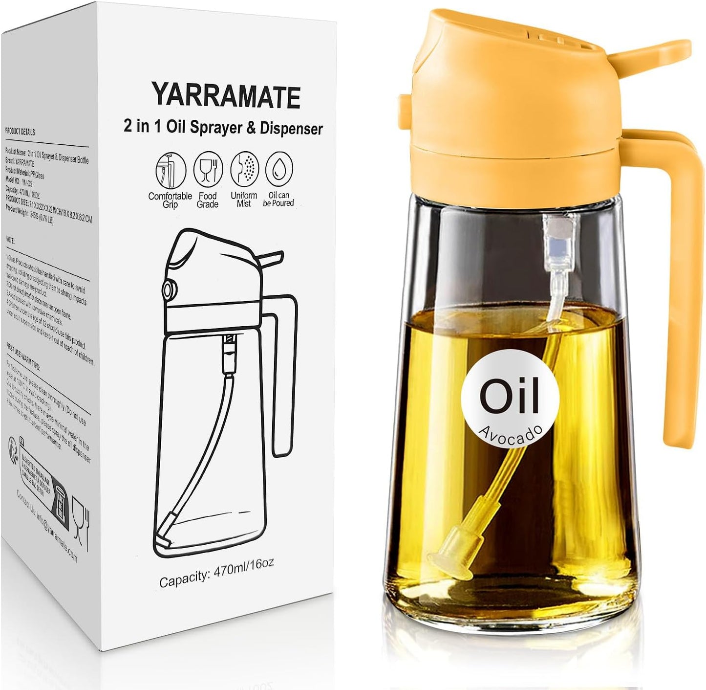 YARRAMATE Glass Olive Oil Sprayer - 16oz Premium Food Grade Dispenser for Cooking & BBQ (Orange)