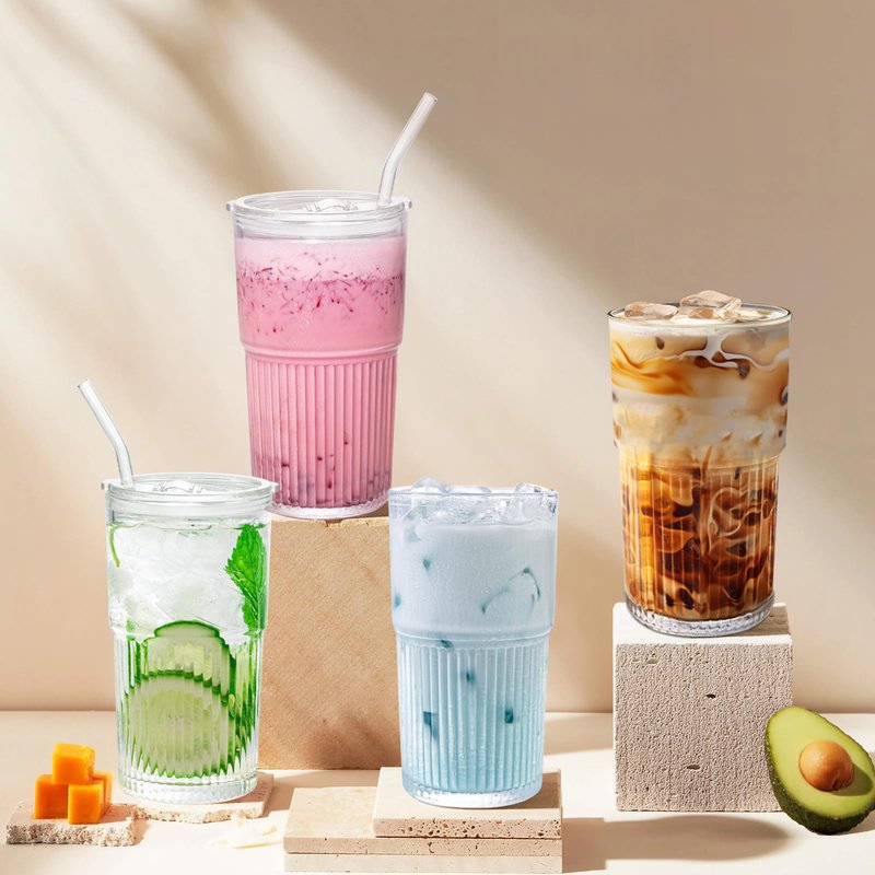 Luiaiog 18.5oz Glass Cups with Lids and Straws - Set of 2 Reusable Tumblers, Thickened Shatter-Resistant Glass, Ideal for Iced Coffee, Smoothies, Cocktails, Juices - Elegant & Durable Drinkware
