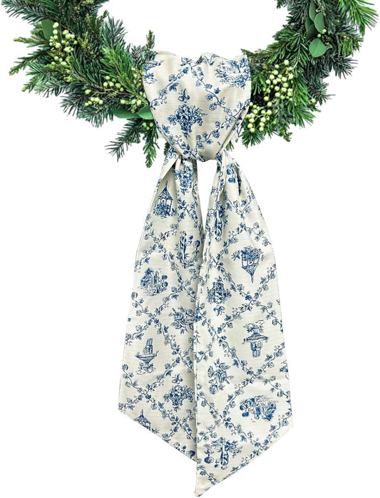 Skiennix Blue Floral Wreath Sash - Satin Burlap Ribbon for Indoor/Outdoor Decor | 5.11 x 55.1 Inches