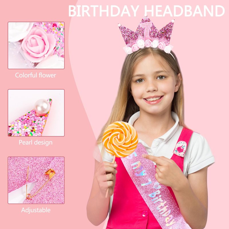 Vovii 7th Birthday Headband & Sash Set - Floral Princess Crown Headband for Birthday Girl Dress Up, Photo Prop & Party Decorations