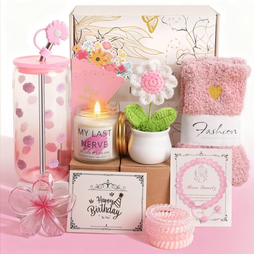 Happy Birthday Gifts for Teen Girls Women, Unique Mothers Day Gifts for Mom, Gift Baskets for Her Self Care Thank You Get Well Present Set for Teacher, 14pcs Cute Rose Box Girlfriend Wife (Pink)