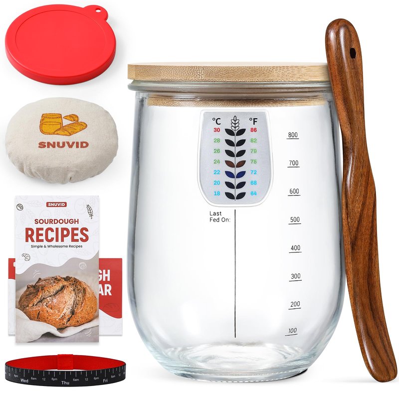 Snuvid 1 L (34 oz) Sourdough Starter Jar Kit, Wide Mouth Potbelly Crock - Glass Sour Dough Starter Bread Jar Set - Sourdough Baking Supplies - Sour Dough Bread Accessories Gifts for Sourdough Lovers