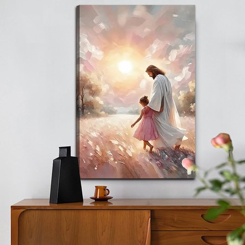 Jesus & Children Canvas Art Print - Soft Pink Sunset Wall Decor for Nursery | 16x24 in