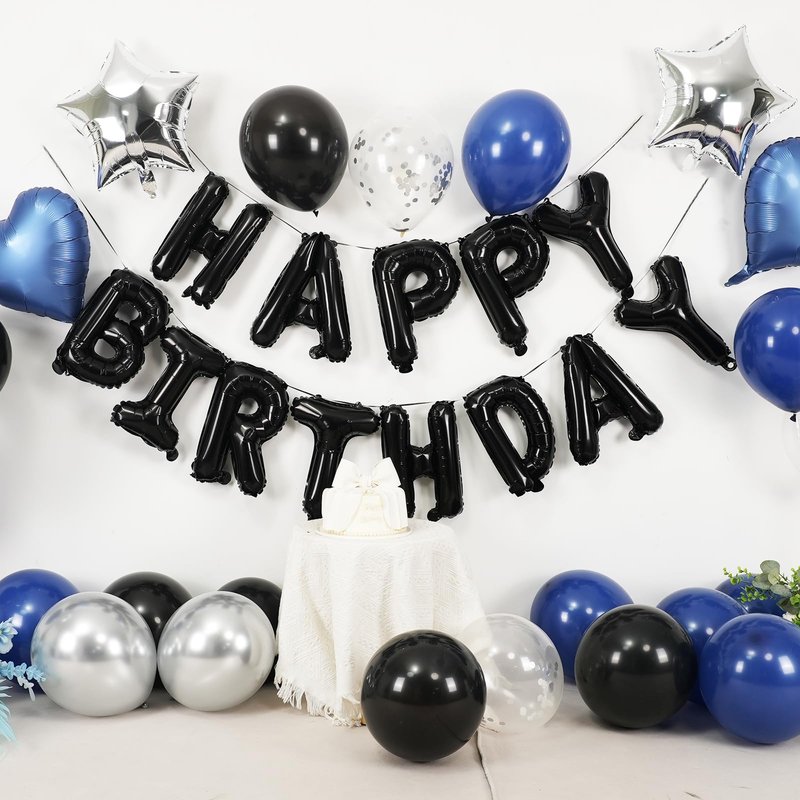 Navy Blue and Black Birthday Decorations for Men,Blue Black White Balloons Happy Birthdays Balloon Banner Silver Confetti Balloons for Men Boy Girls Women Adults Birthday Party Decorations