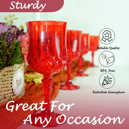 LEYIQU Plastic Wine Glasses, Plastic Goblets Vintage Style Cordial Unbreakable Drinking Glasses, Reusable Drinkware for Wedding Reception, Grand Event Party Supplies,Mother's Day (12, Red)