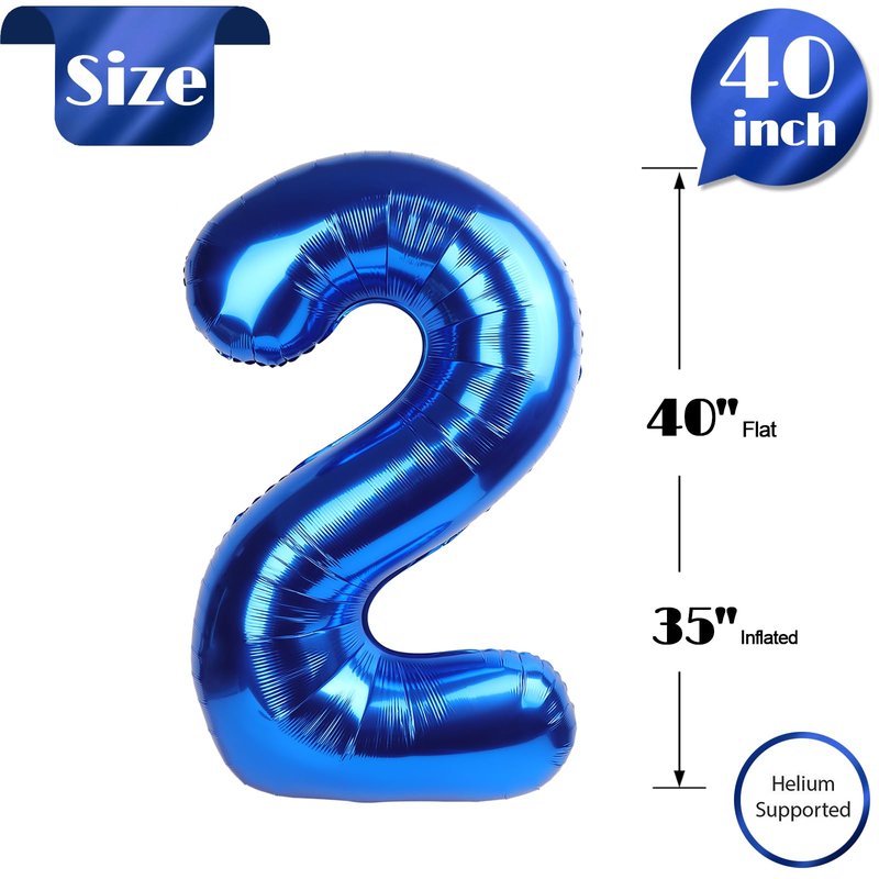 Metallic Blue Number 2 Balloon 40 Inch, 2 Balloon Number, 2nd Birthday Decorations for Baby Girls Boys Toddlers
