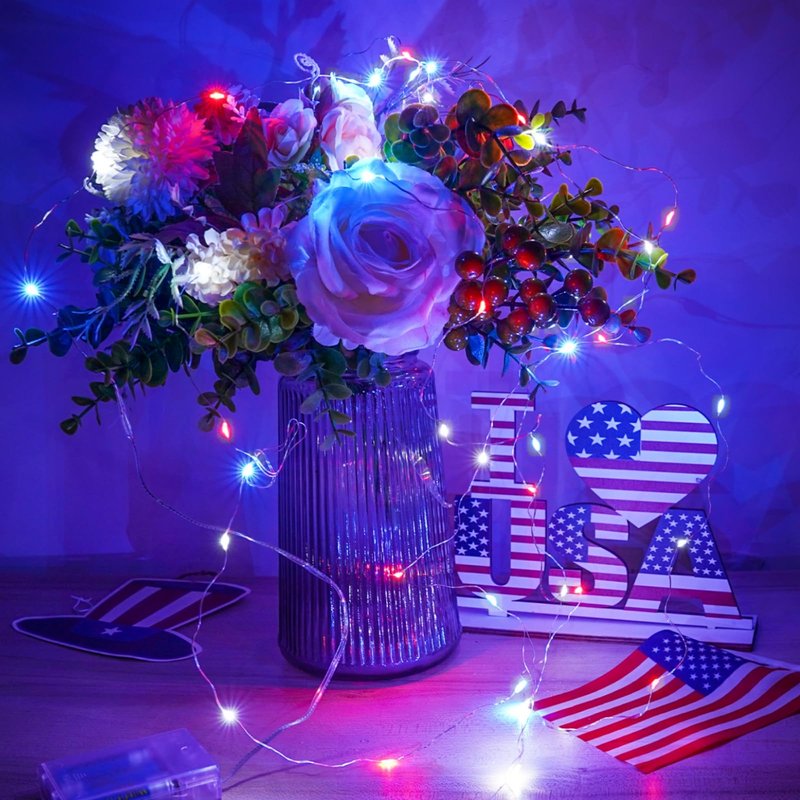 4th of July Decorations, 4 Pack Red White and Blue Fairy Lights Battery Operated with Timer, Waterproof 16FT 50 LED Starry String Lights for Independence Day 250th Anniversary Memorial Day Home Decor