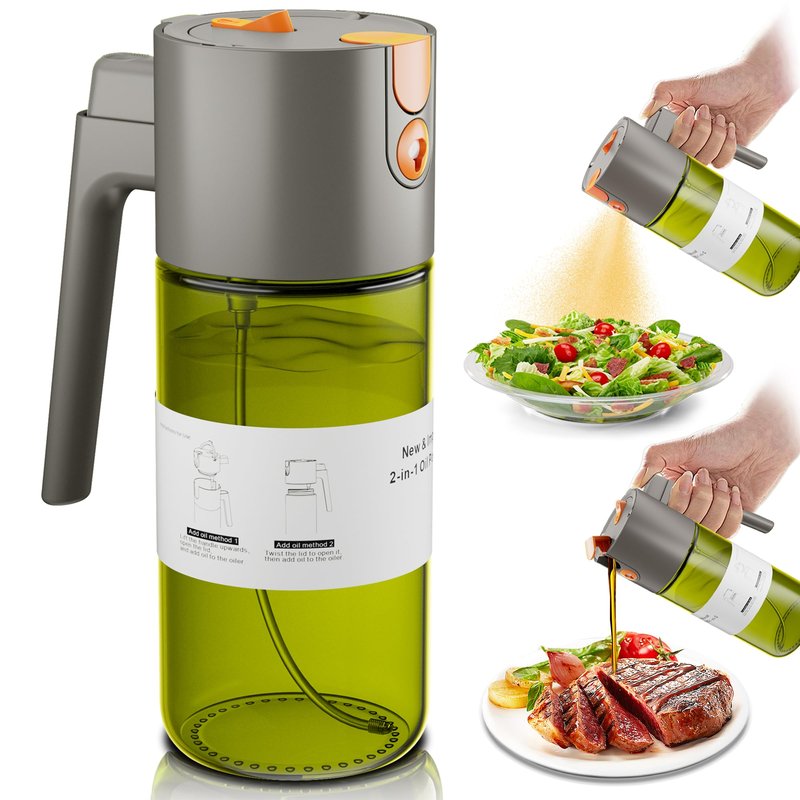 OURCABECUE Upgrade 2 in 1 Oil Sprayer for Cooking, 17oz Light-Blocking Glass Olive Oil Dispenser Bottle for Kitchen,Food-Grade Oil Mister with 8 Stickers for Salad, Frying (Green Bottle-Grey Gap)
