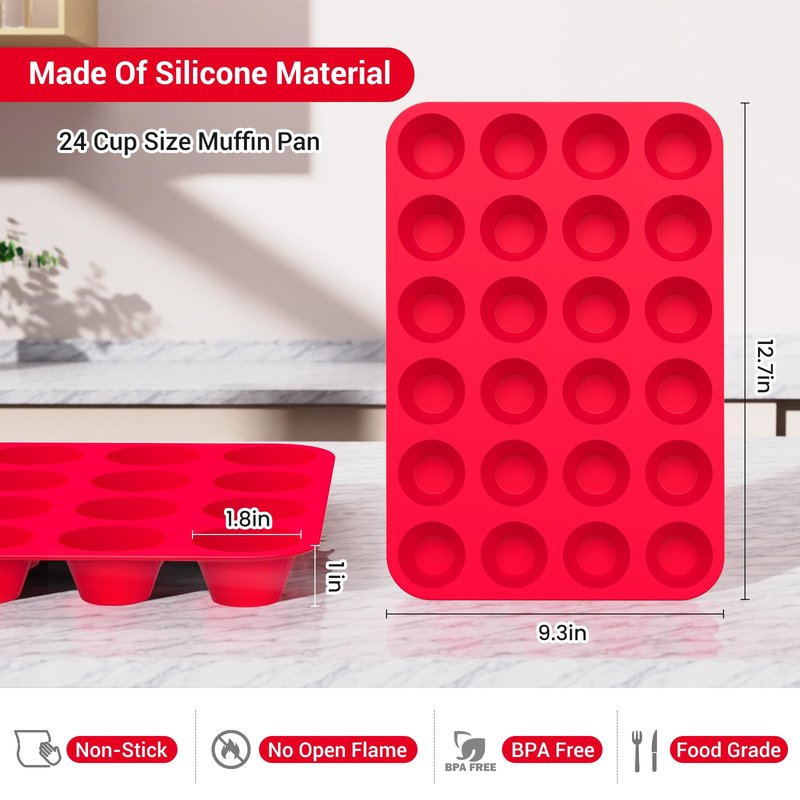 Redfly 2 Pack Silicone MIini Muffin Pan & Cupcake Pans for Baking - 24 Cup Mini Size BPA Free Egg Bites Molds