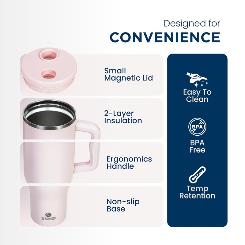 34HD 40 oz Stainless Steel Tumbler - Leakproof Insulated Water Bottle with Handle, Magnetic Lid and Flexible Straw - 48 Hours Iced – Perfect for Men, Women, Birthday Present, Pink - Rose Dust
