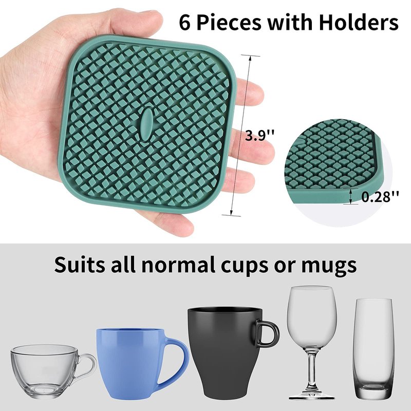 ME.FAN Silicone Coasters with Holder [6 Pack] Square Drink Cup Mat - Non-Slip, Non-stick, Stay Put, Deep Tray - Prevents Furniture and Tabletop Damages Nave Blue