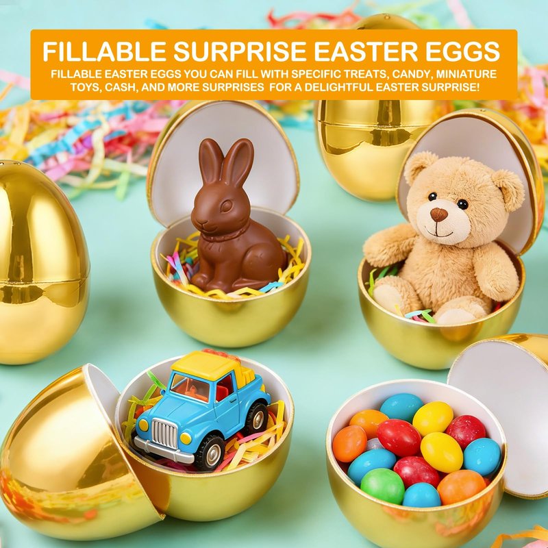 AMENON 3.15" Golden Easter Eggs, 36PCS Fillable Plastic Eggs Empty Surprise Gold Eggshells with Hinge for Easter Hunt Easter Basket Stuffers Fillers Classroom Prize Supplies Filling Treats Party Favor