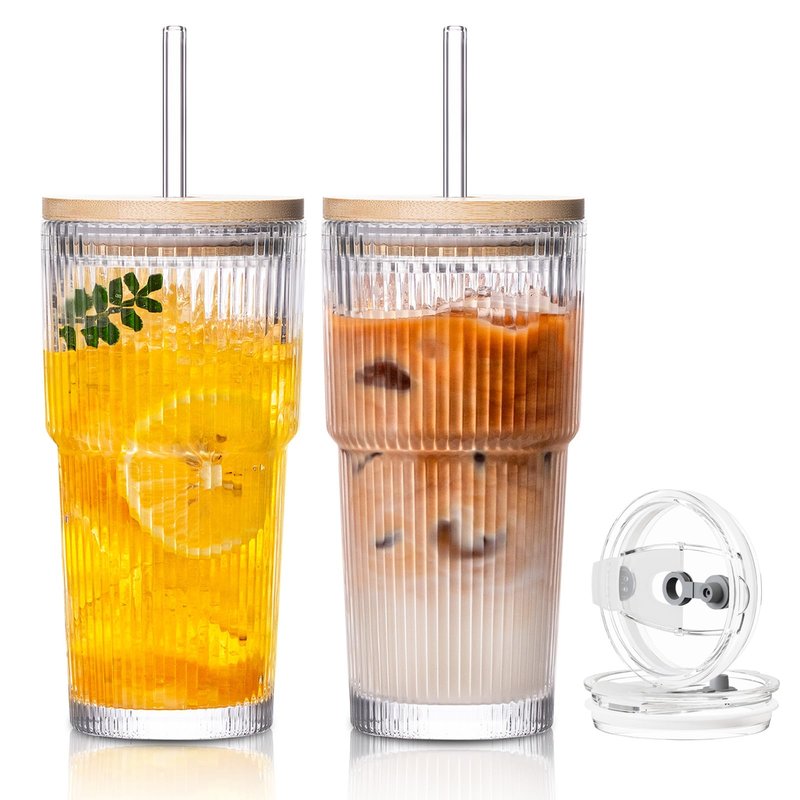 SoulTimes 20oz Glass Cups with Lids and Straws, Ribbed Glass Tumbler for Iced Coffee, Smoothie, Juice & Cold Drinks, Reusable Thick Glassware Set, Elegant Home & Travel Drinkware【2 Pack】