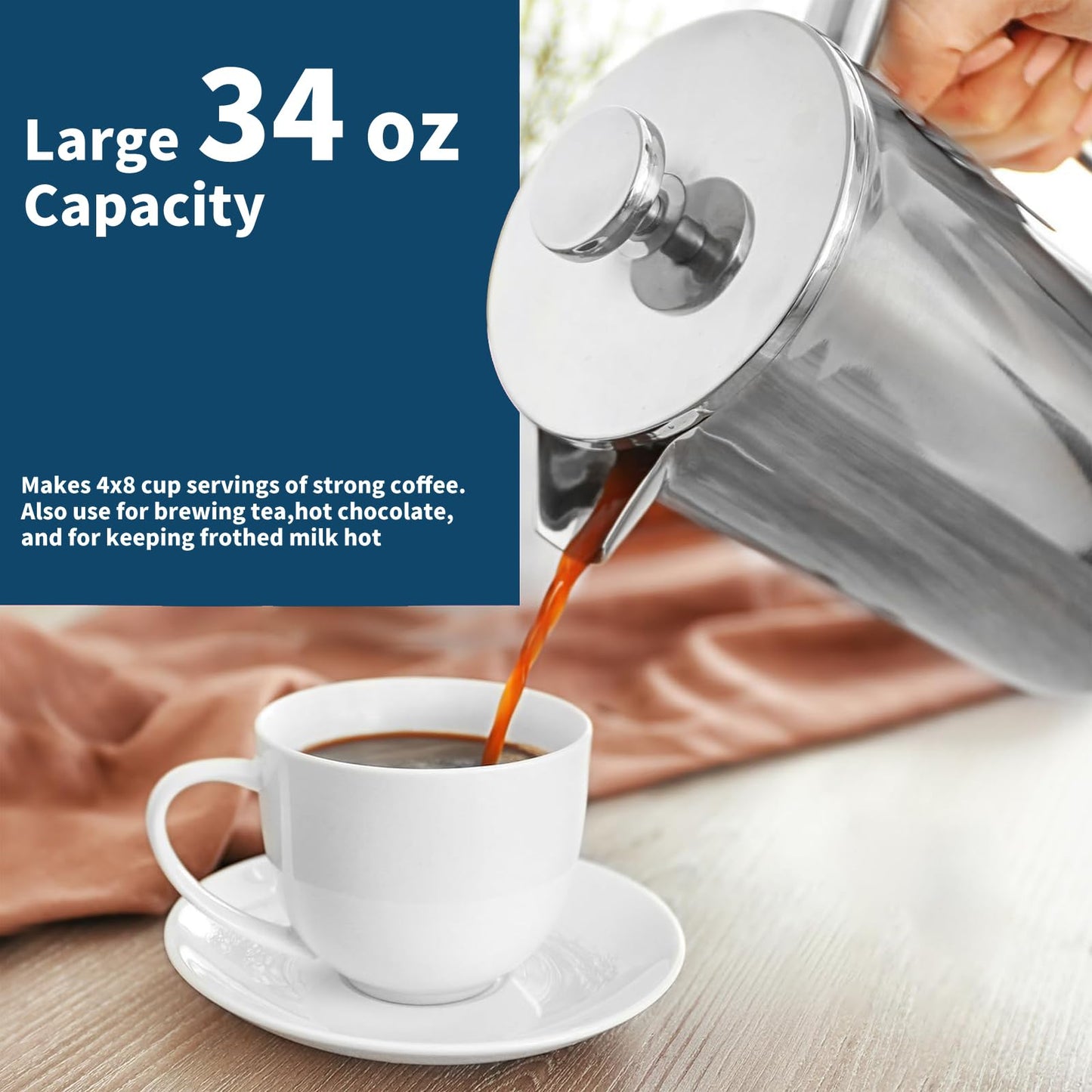 MERMOO YILAN French Press 34oz Insulated Stainless Steel Coffee Maker Unbreakable Coffee Press Easy to Clean for Home, Camping, Travel (Black)