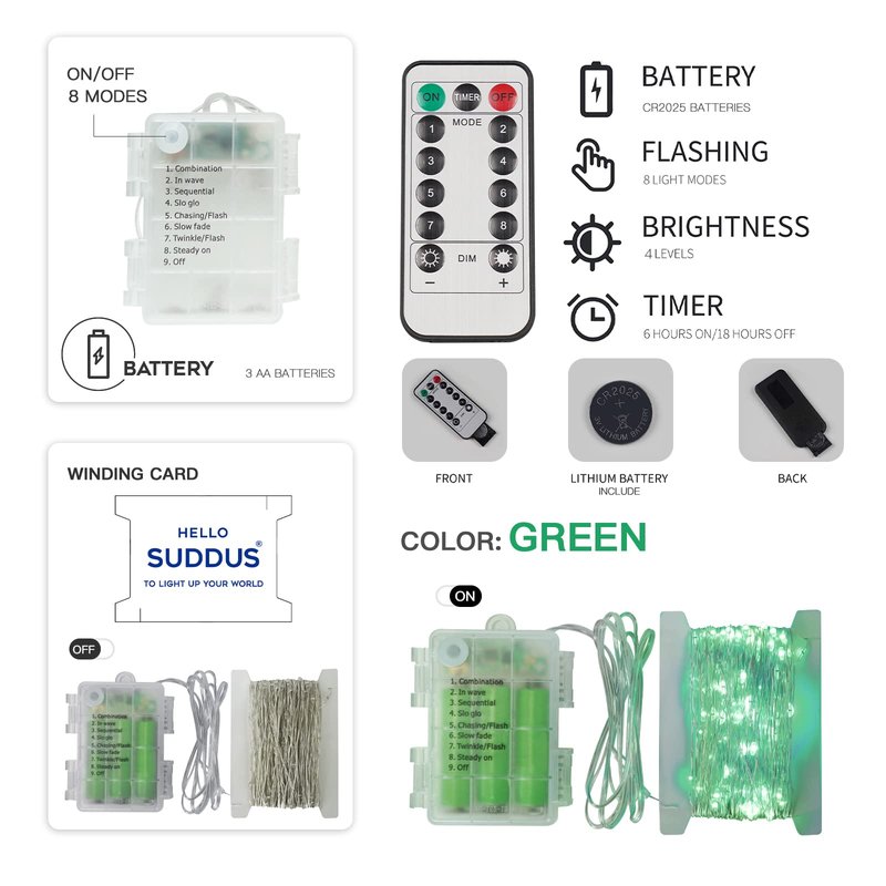 suddus Green Christmas Lights Battery Operatd, 66ft 200LED St Patricks Day Decorations Indoor, Fairy Twinkle Light with Remote for Halloween, Bedroom, Patio, Backyard, Outdoor Decorations