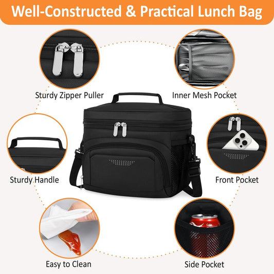 Vankor Lunch Box for Men Women, Insulated Lunch Bag Reusable Leakproof Cooler Lunch Tote Bag with Adjustable Shoulder Strap for Work Office Picnic Beach Travel, Black