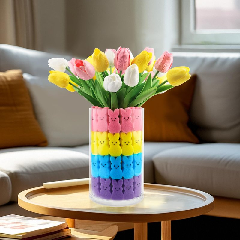 Labrostar Easter Decorations Easter Decor 15pcs Artificial Tulips with 48pcs Bunnies Vase Filler Spring Decor Home Indoor Decoration Centerpieces for Tables