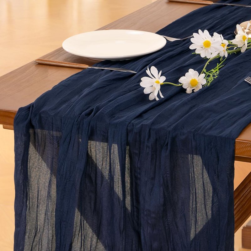 Socomi Navy Blue Summer Cheesecloth Table Runner Boho Rustic Gauze 120 inch 10FT Cheese Cloth Sheer Runner for Wedding Party Baby Shower Birthday Home Decor Holiday Decorations