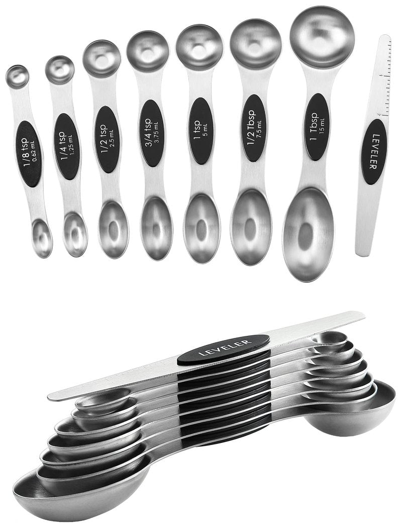 Spring Chef Magnetic Measuring Spoons Set, Dual Sided, Stainless Steel, Fits in Spice Jars, Pine Green, Set of 8, 2 Pack