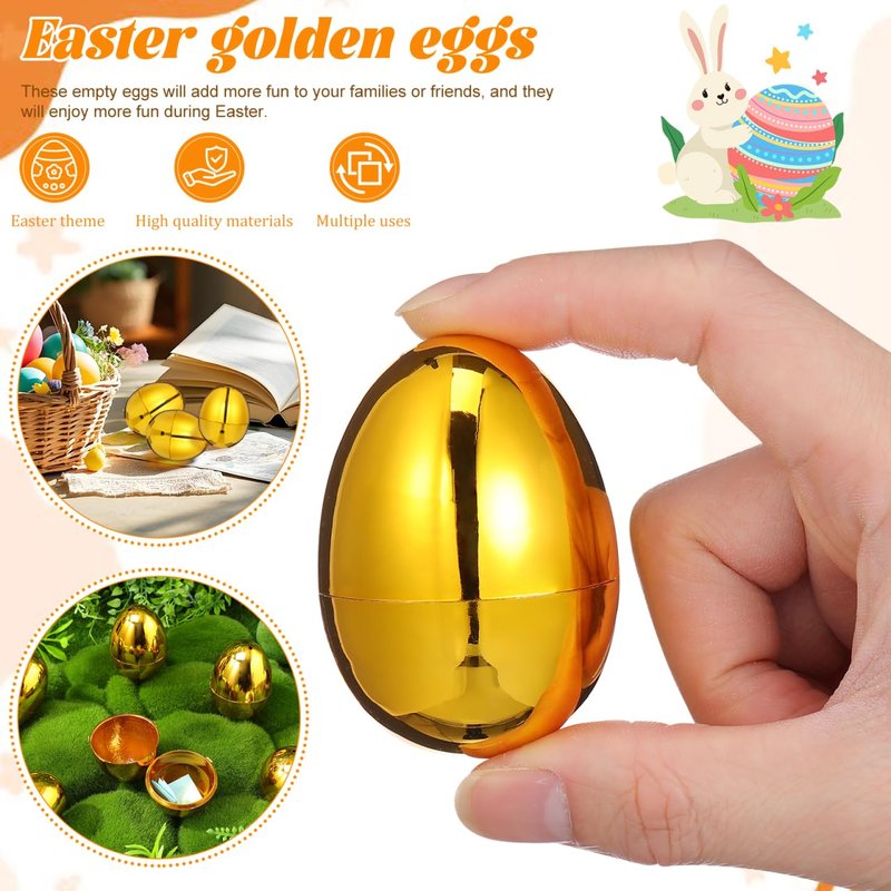 MAGICLULU 12pcs Bright Gold Easter Eggs, Fillable Plastic Empty Gold Egg for Hunt Basket Stuffers, Classroom Prizes Easter Party Decor, Easter Eggs Hunt Basket Stuffers Fillers