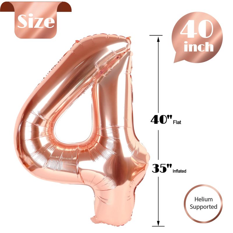 Rose Gold 4 Balloon, Number Balloons 40 Inch, 4th Birthday Decorations for Girls Boys, Four Large Numbers for Party Decor, Number 4 Balloon