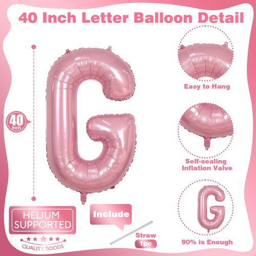 G Letter Balloon Pastel Pink, 40" Alphabet Helium Balloon, Large Inflatable Baby Pink Name Balloon Letters G, XXL Mylar Custom Letter Balloons Light Pink for Girls Birthday Party Decoration Supplies