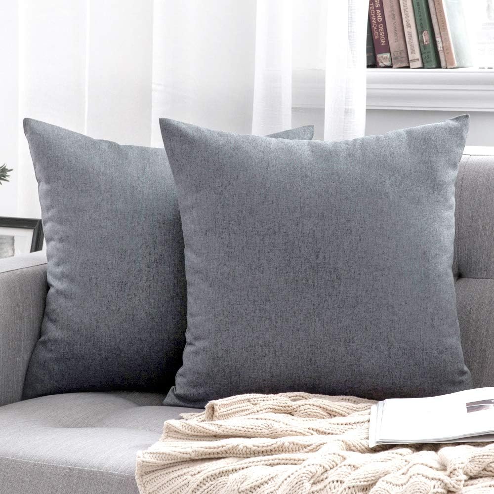 MIULEE Decorative Outdoor Throw Pillow Covers - Waterproof Faux Linen Cushion Cases | 16x16 Inch Dark Grey (Pack of 2)