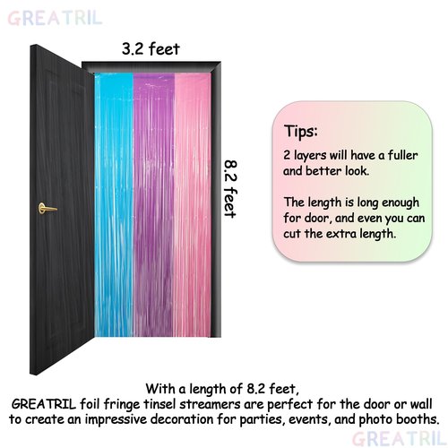 Blue Purple Pink Tinsel Backdrop - GREATRIL Pastel Foil Fringe Curtain Streamers for Pony Theme Birthday Mermaid Shower Unicorn Girls Party Decorations 2 Packs