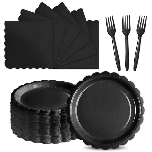 Tyzarglef 105PCS Paper Plates and Napkins Set,7 Inch Scalloped Disposable Tableware with Forks for Birthdays, Garden Parties & Outdoor Events,Serves 35 (Black)
