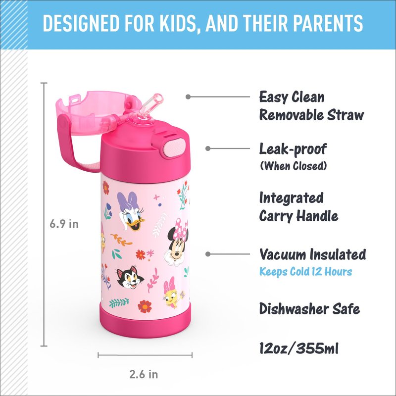 THERMOS FUNTAINER Water Bottle with Straw - 12 Ounce - Kids Stainless Steel Vacuum Insulated Water Bottle with Lid, Preschool Minnie