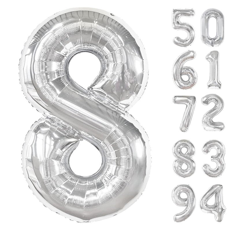 Silver 8 Balloon, Number Balloons 40 Inch, 8th Birthday Decorations for Boys Girls, Silver Birthday Balloons, Silver Party Supplies, Number 8 Balloon