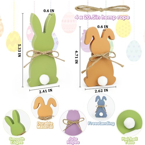 Easter Decorations - Wooden Bunny Peeps Signs 4PCS, Spring Decor with Hemp Rope for Home Table Tiered Tray, Easter Freestanding Centerpiece for Indoor Mantel Shelf Office Party Gifts Basket Stuffers