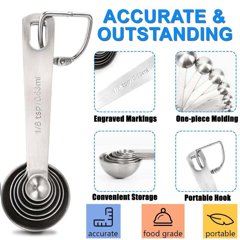 Measuring Spoons, Premium Heavy Duty Stainless Steel Measuring Spoons Cups Set, Small Tablespoon with Metric and US Measurements, Set of 6 for Measuring Dry and Liquid Ingredients