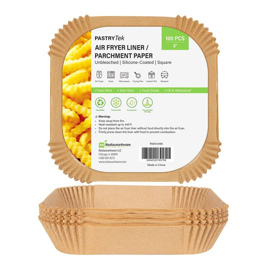 Restaurantware-Pastry Tek 8.1 x 8.1 x 1.8 Inch Air Fryer Liners, 100 Square Air Fryer Baskets - No-Stick Silicone Coating, Unbleached, Food-Grade Paper Liners, For Steamer, Microwave, Oven, Fry Pan