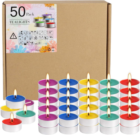Tealight Candles | 50 Pack Unscented Assorted Colors - 4+ Hour Clean-Burning, Smokeless for Home Decor & Rituals