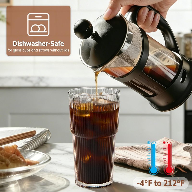 TUZAZO 20 Oz Ribbed Glass Tumblers with Lids and Straws - 4 Pack Reusable Glass Coffee Cups with Straws and Lids, Thicken Glass, Ideal for To Go Iced Coffee