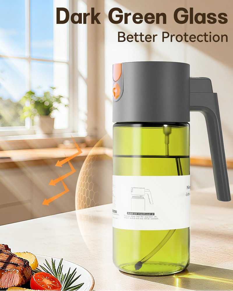 OURCABECUE Upgrade 2 in 1 Oil Sprayer for Cooking, 17oz Light-Blocking Glass Olive Oil Dispenser Bottle for Kitchen,Food-Grade Oil Mister with 8 Stickers for Salad, Frying (Green Bottle-Grey Gap)