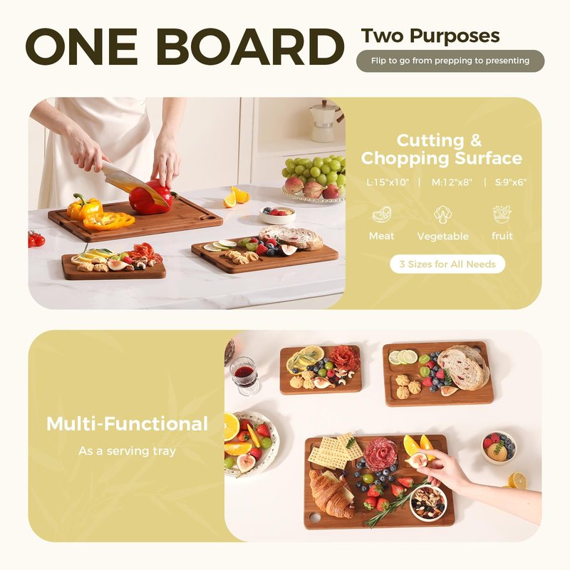 Bamboo Cutting Board for Kitchen – 3-Piece Wooden Boards with Juice Grooves, Side Handles, Non-Slip Mats – Perfect for Meat, Veggies, Fruit – Ideal Kitchen Gift