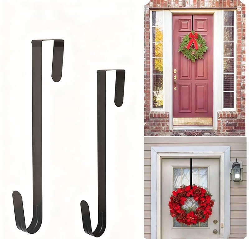 ONESWI 10 Inch Wreath Hanger, Metal Over The Door Hooks for Christmas Decoration, Black