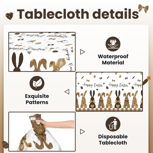 Avezano 3pcs Happy Easter Tablecloth 108 x 54 inch Buffalo Plaid Easter Party Tablecloths Rectangular Brown Bunny Plastic Table Cloth Disposable for Party Decorations