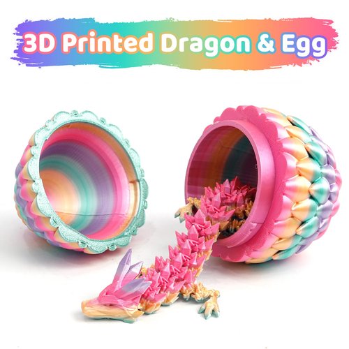 Flavery 3D Printed Dragon Egg - Rainbow - Easter Basket Stuffers, Surprise Egg with 12" Flexible Crystal Dragon Inside, Mythical 3D Printed Gift Toy, Desk Executive Pet, Figurine Decor for Birthday