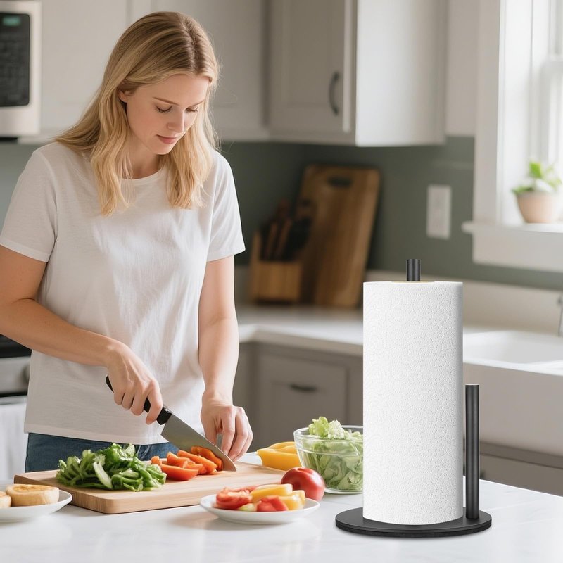 Paper Towel Holder, Standing Paper Roll Holder, Freestanding Paper Towel Holder with Weighted Base, Premium Stainless Steel Kitchen Roll Dispenser in Black